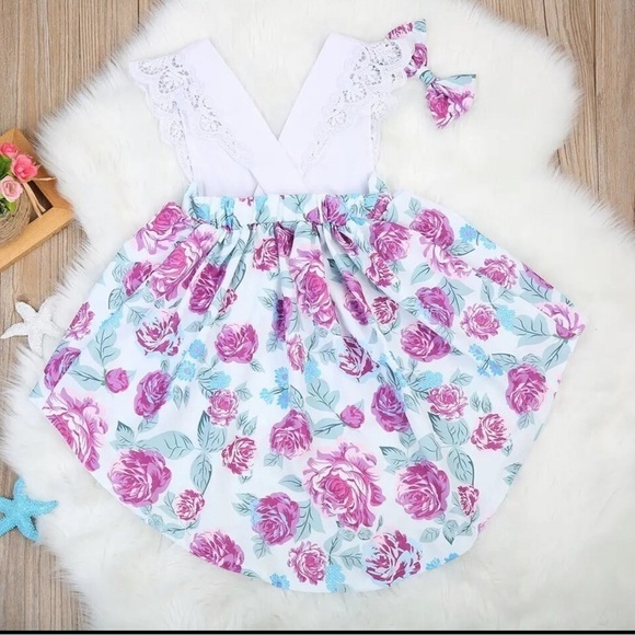 Girl high low dress v neck with floral skirt and crochet accents‎ size 24… - Picture 10 of 12